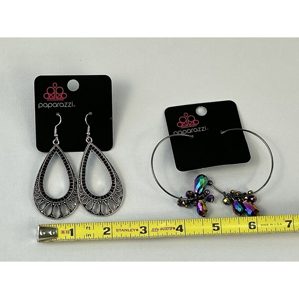 Paparazzi Earrings Lot Silver Teardrop Filigree & Beaded Hoop Dangle Set - Picture 9 of 10